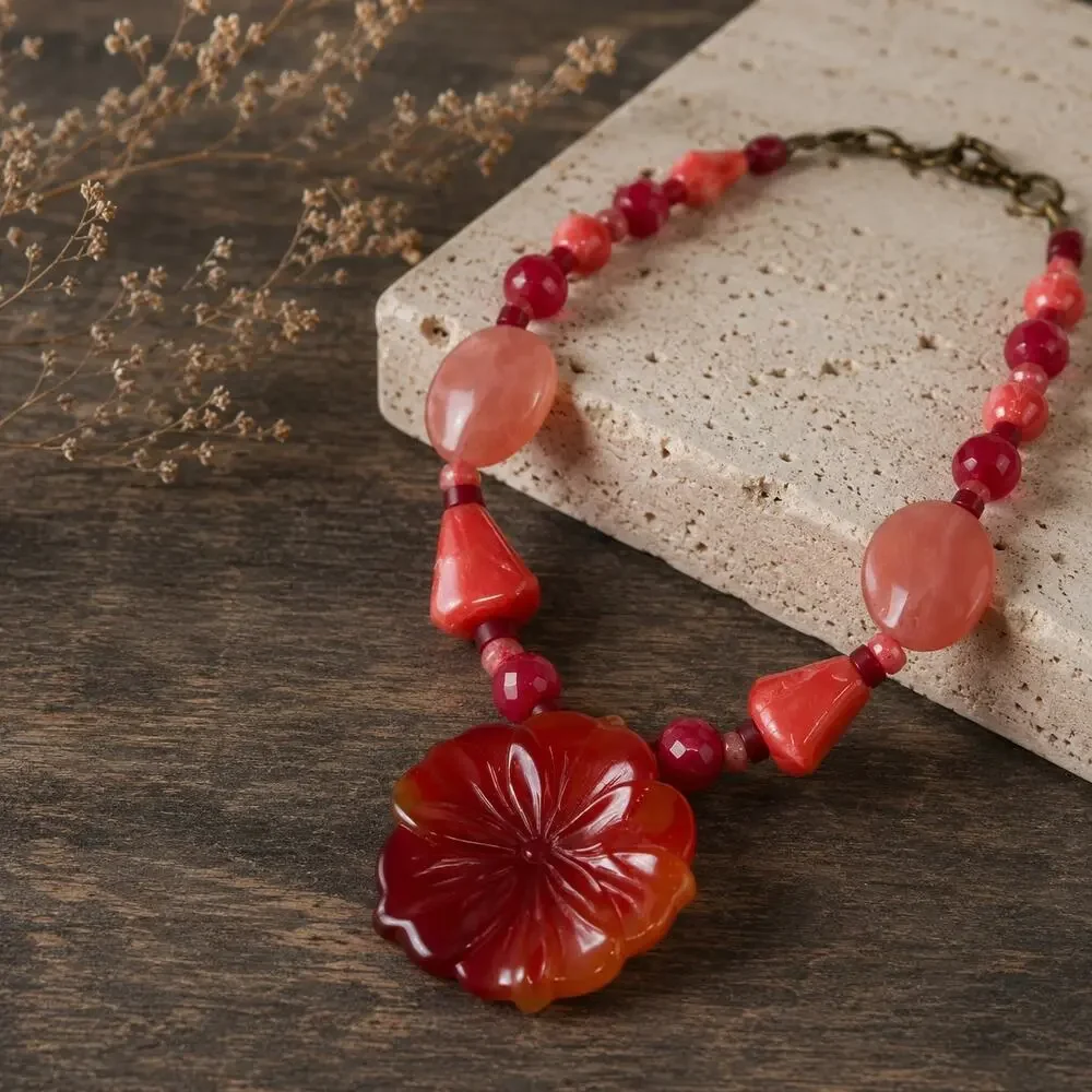 Chico's Orange Beaded Floral  Pendant Necklace